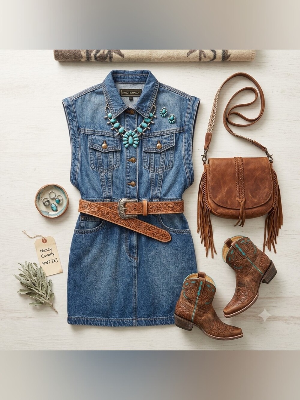 blue denim sleeveless mini dress by Nancy Cavally Paris featur